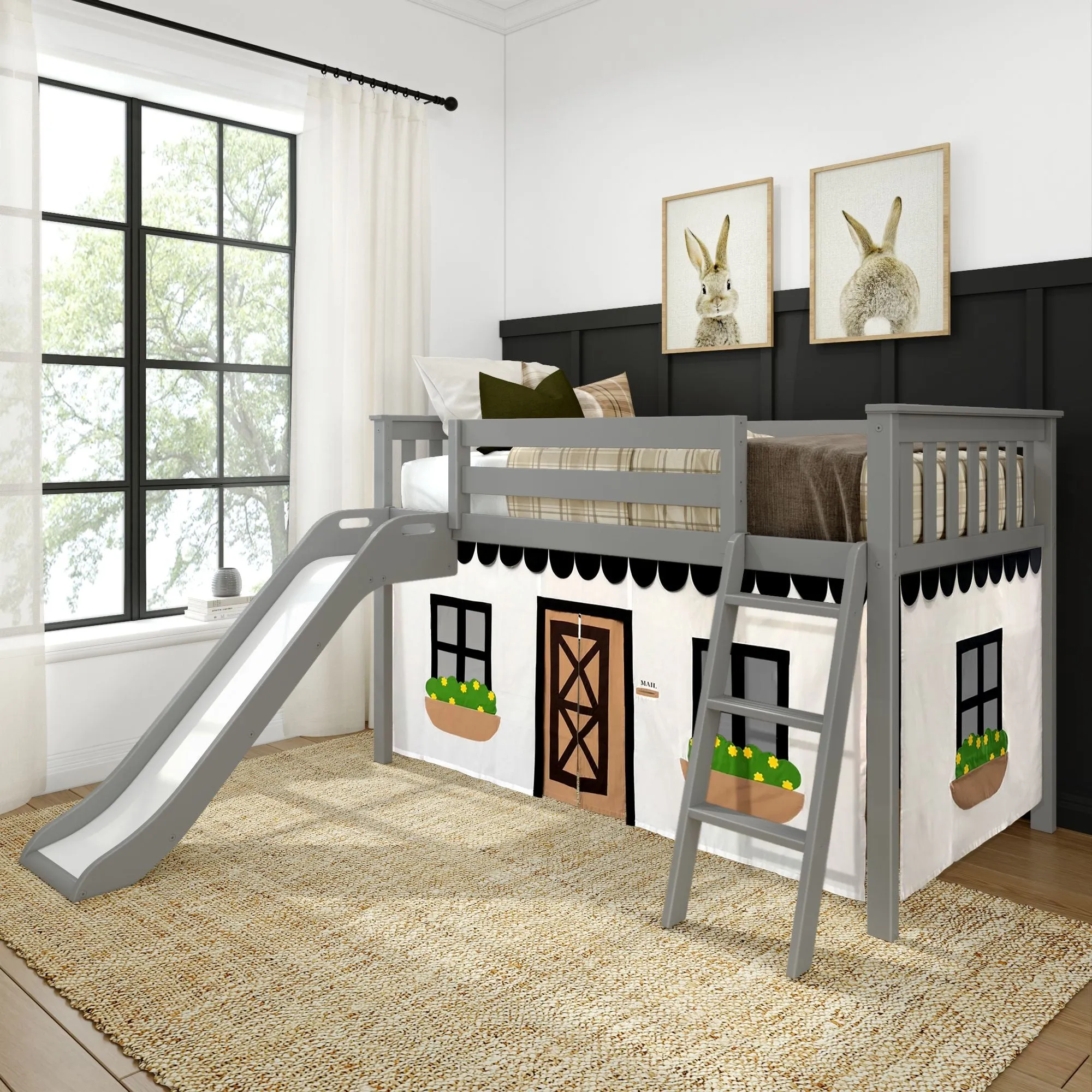 Twin Low Loft Bed with Easy Slide & Black & White Farmhouse Curtain