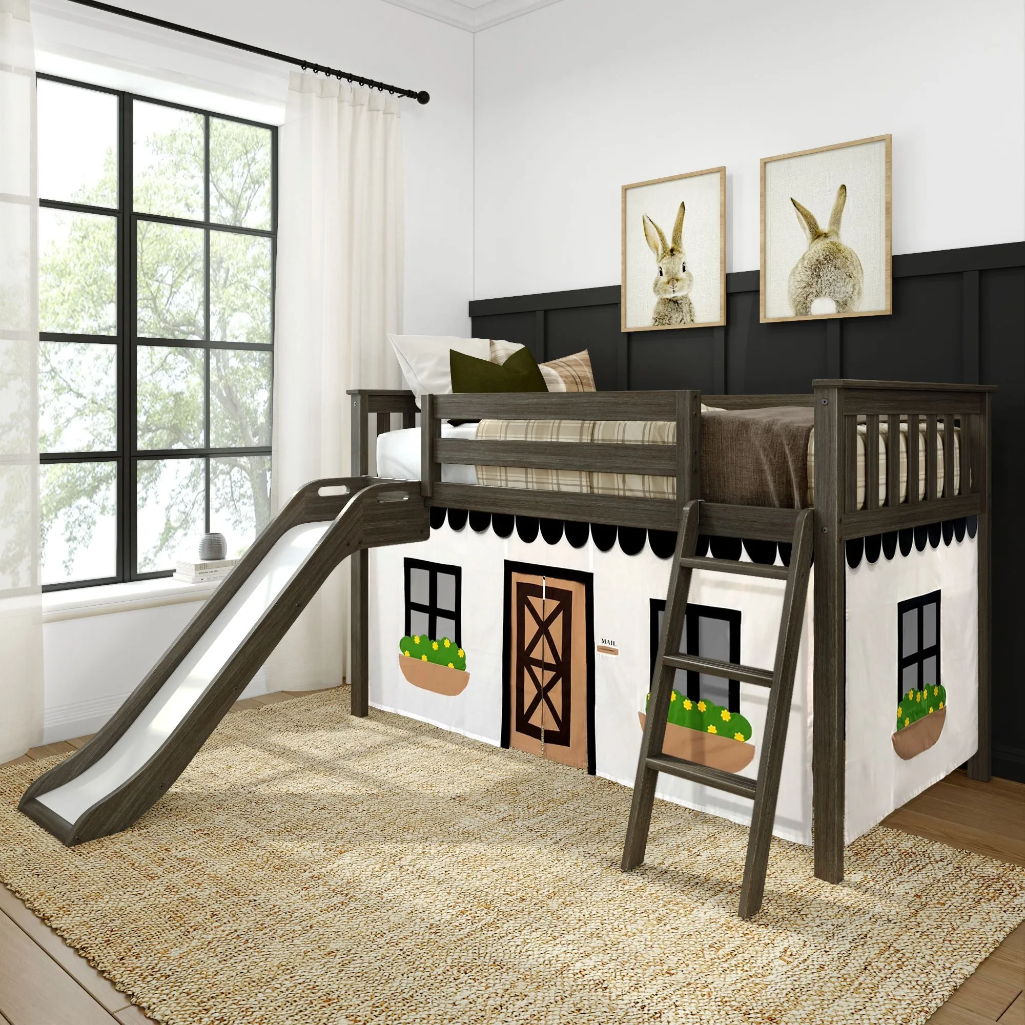 Twin Low Loft Bed with Easy Slide & Black & White Farmhouse Curtain