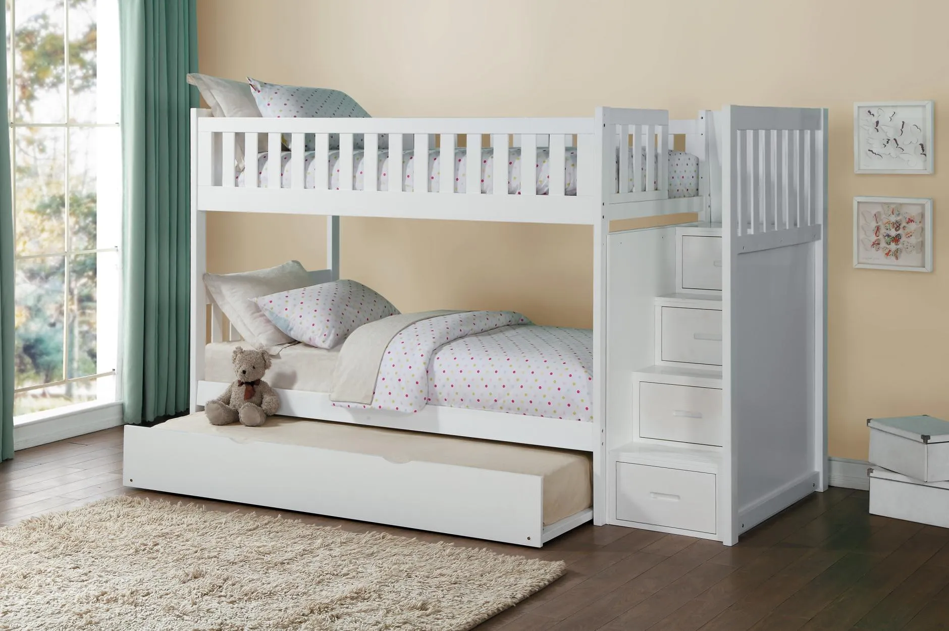Twin/Twin Staircase White Bunkbed with Bedroom Furniture Options