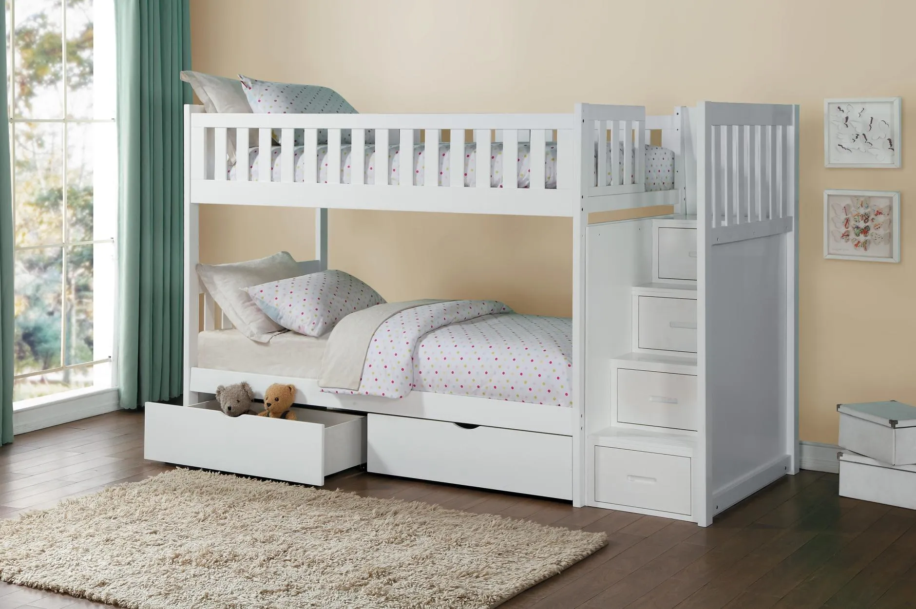 Twin/Twin Staircase White Bunkbed with Bedroom Furniture Options